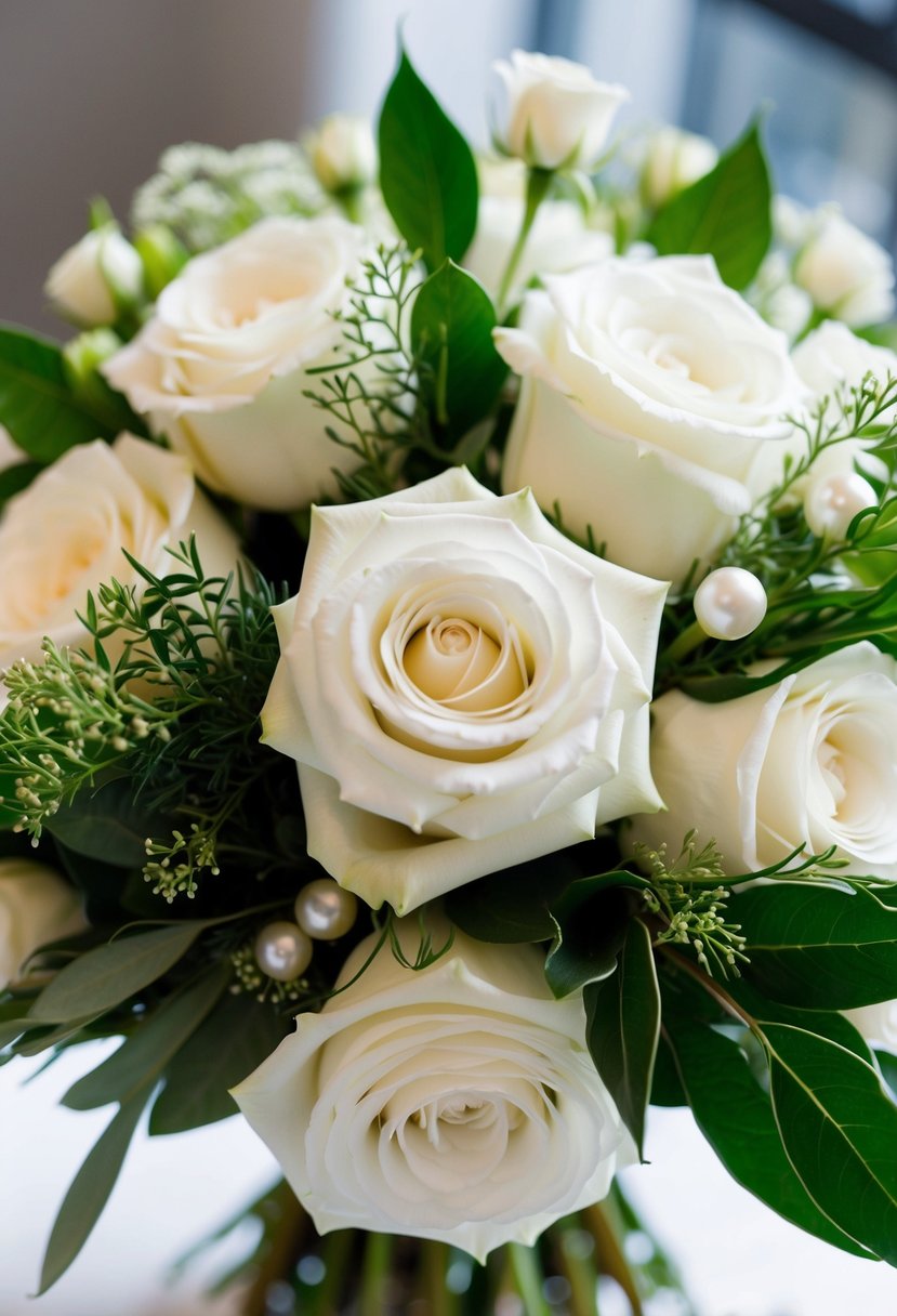 A bridal bouquet of white roses and greenery, with classic pearl studs nestled among the flowers