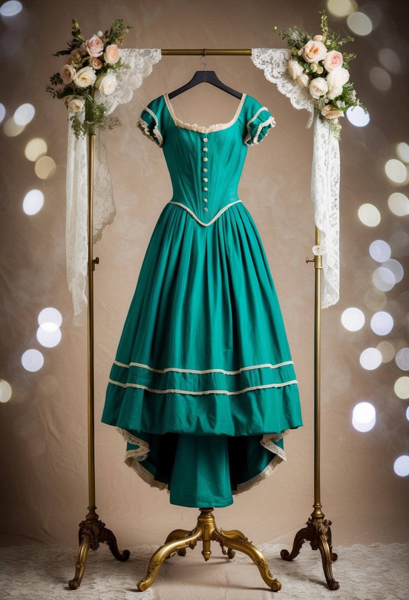 A vintage green Victorian gown hanging on an ornate brass dress form, surrounded by antique lace and floral accents