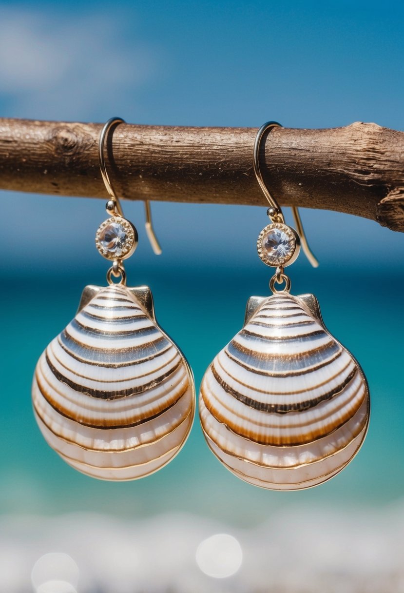 A pair of sea-inspired shell drop earrings with a 60s wedding theme