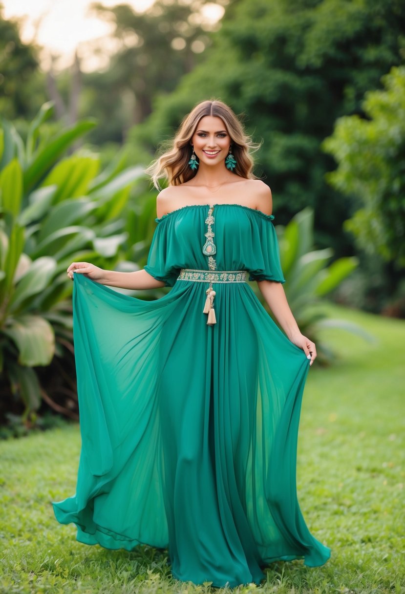 A flowing green off-the-shoulder dress adorned with bohemian sage details, set against a backdrop of lush, natural surroundings