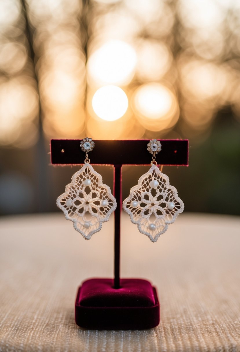 A vintage lace earrings displayed on a velvet cushion with soft lighting