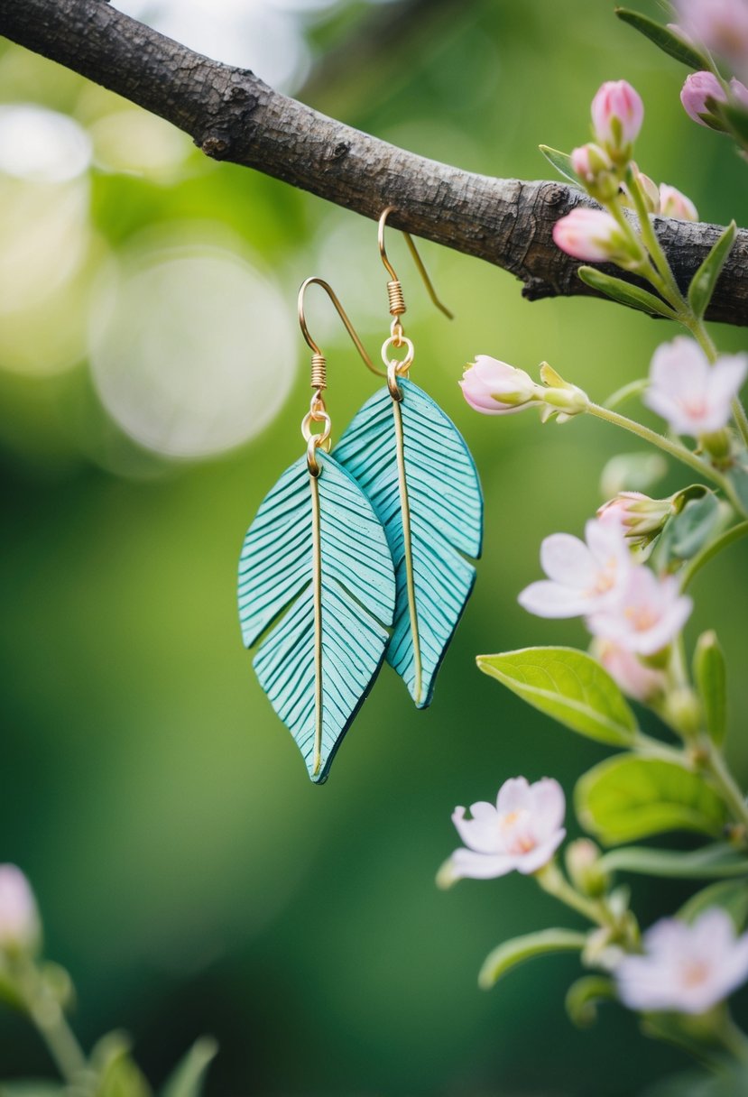 A pair of leaf-shaped earrings hanging from a tree branch, surrounded by delicate flowers and leaves