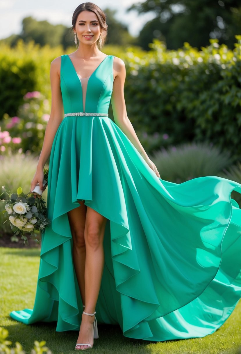 A flowing teal green high-low dress in a garden wedding setting