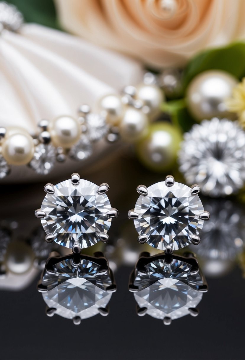 Two sparkling diamond stud earrings from the 1960s, set against a backdrop of vintage wedding attire and accessories