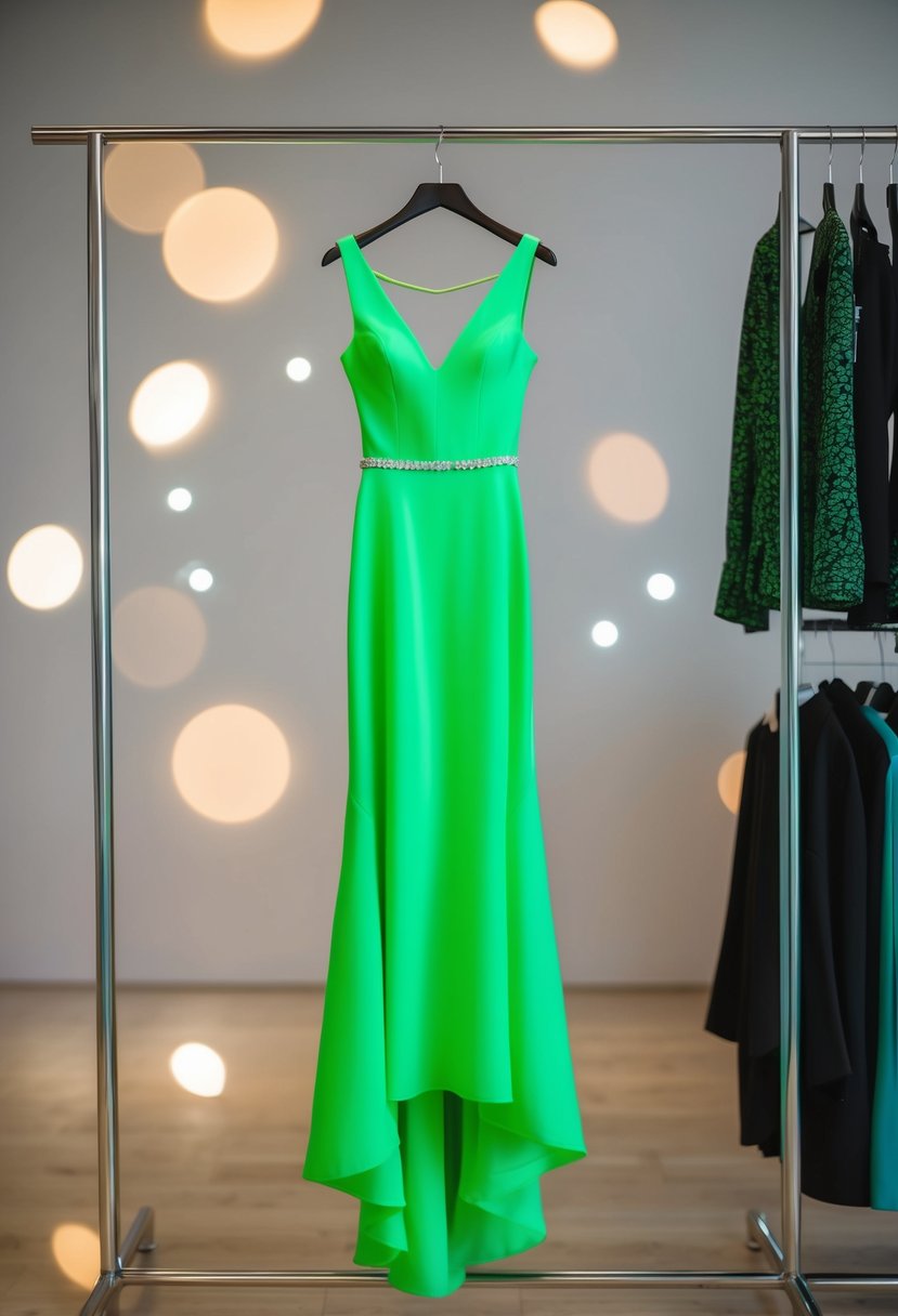 A neon green modern wedding dress hanging on a sleek, minimalist clothing rack