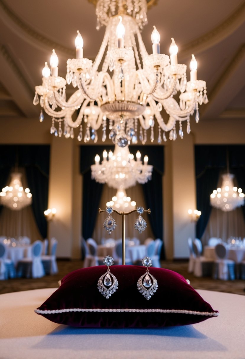 A grand ballroom with ornate lace chandeliers casting a soft glow over vintage 60s wedding earrings displayed on a velvet cushion