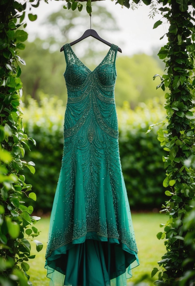 An antique jade beaded gown hangs on a mannequin, surrounded by lush greenery, inspiring ideas for green wedding dresses