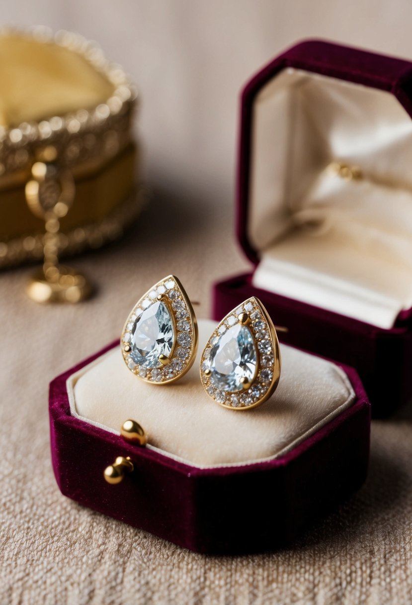 Two glittering teardrop earrings on a vintage velvet jewelry box