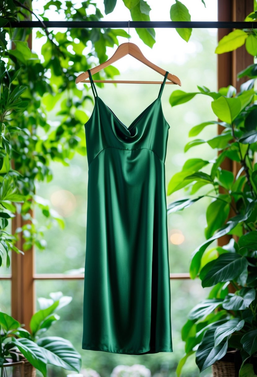 An olive green satin slip dress hanging on a wooden hanger, surrounded by lush greenery and soft natural light filtering through the window