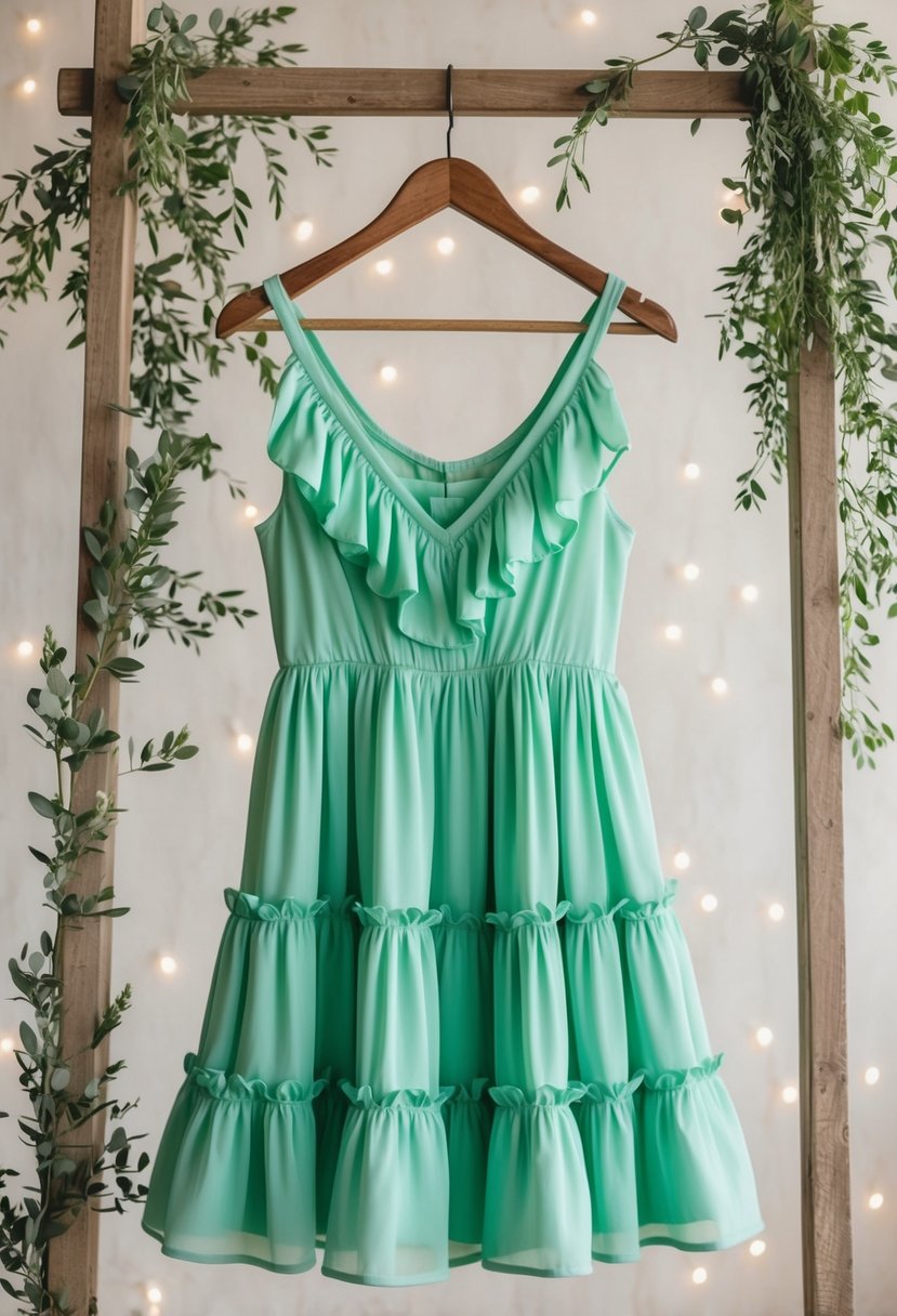 A pistachio green ruffled dress hanging on a rustic wooden hanger, surrounded by delicate greenery and soft, natural lighting