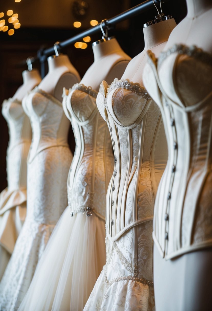 A row of wedding dresses with intricate corset designs displayed on mannequins