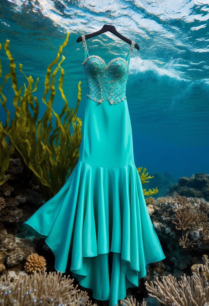 A flowing turquoise mermaid-style dress draped over a coral reef, surrounded by shimmering green seaweed and sparkling ocean waves