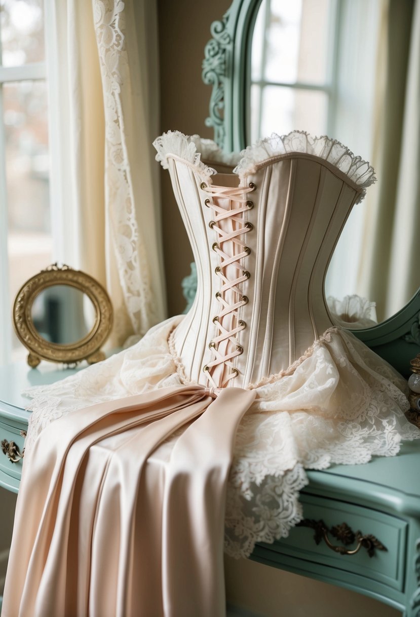 A lace-up corset ballgown draped over a vintage vanity with delicate lace and satin details