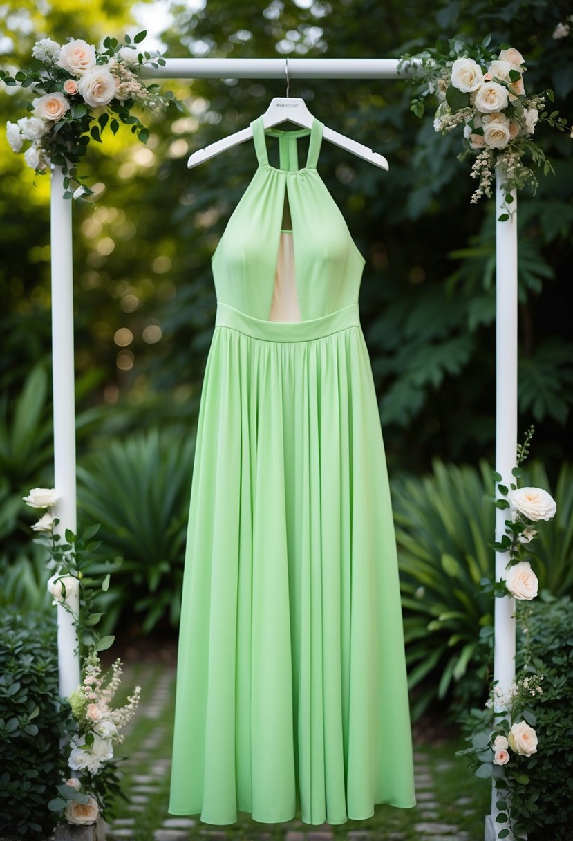 A chartreuse halter neck dress hangs on a mannequin, surrounded by lush greenery and delicate floral accents