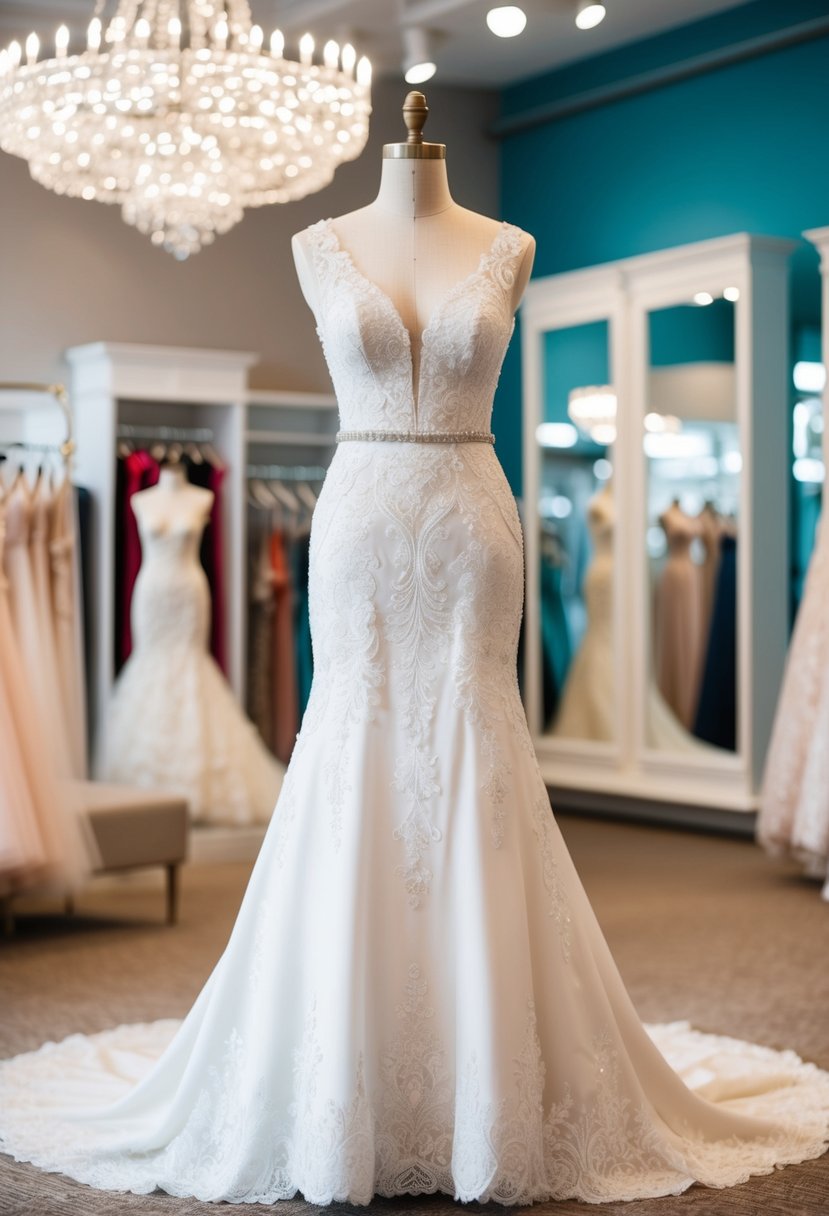 An elegant wedding dress displayed on a mannequin in a softly lit boutique showroom