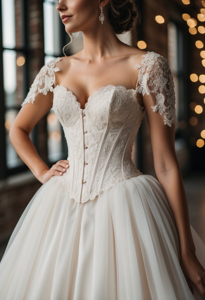 A lace-embellished bustier with delicate sleeves adorns a flowing wedding dress, creating a stunning corset-inspired bridal gown