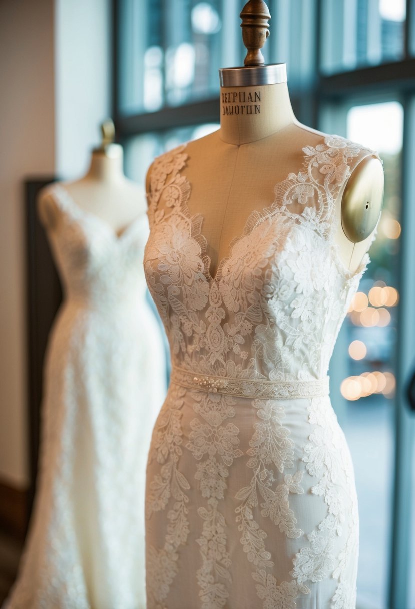 An elegant lace wedding dress displayed on a vintage mannequin