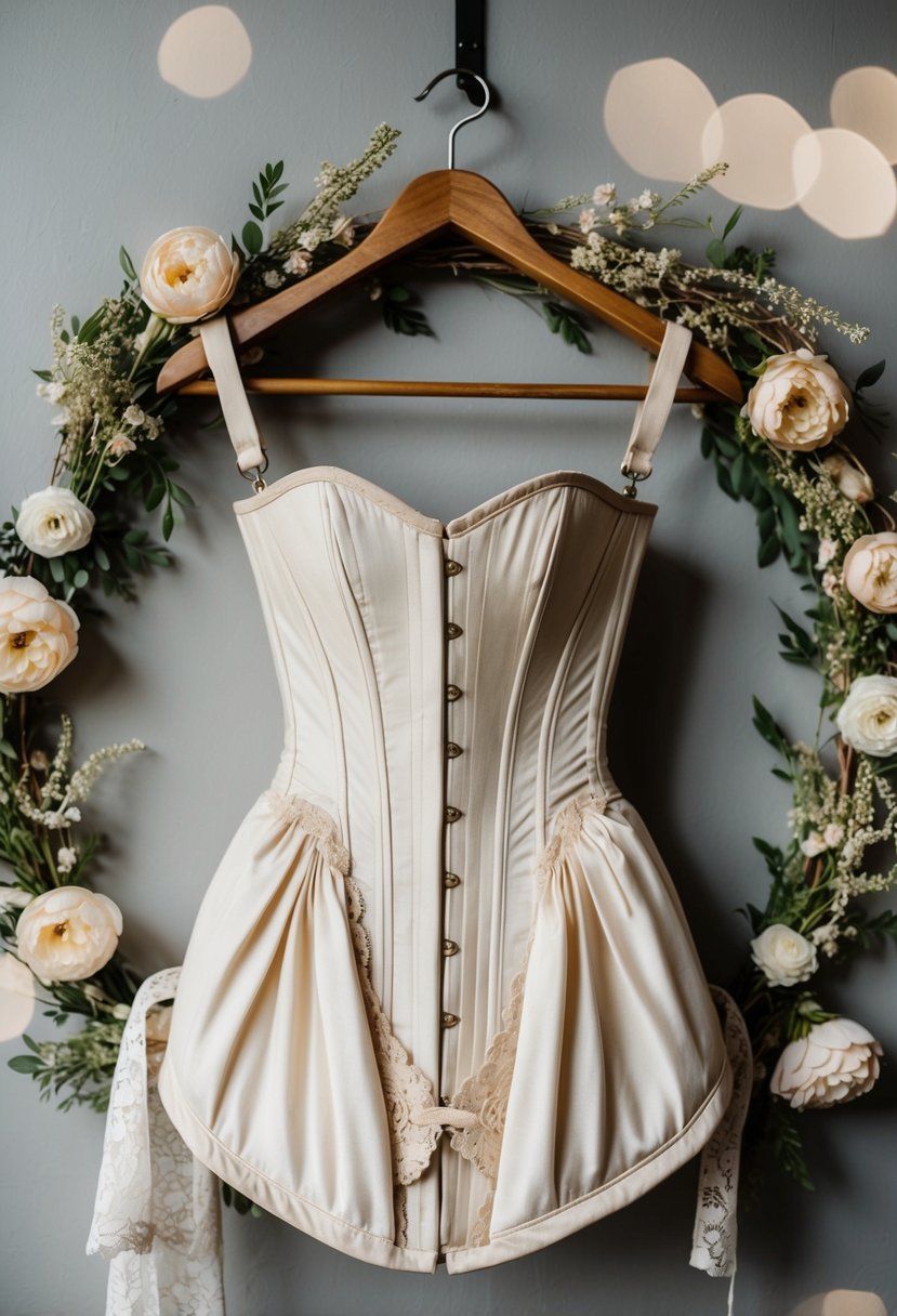 A vintage A-line corset dress hangs on a rustic wooden hanger, surrounded by delicate lace and floral details