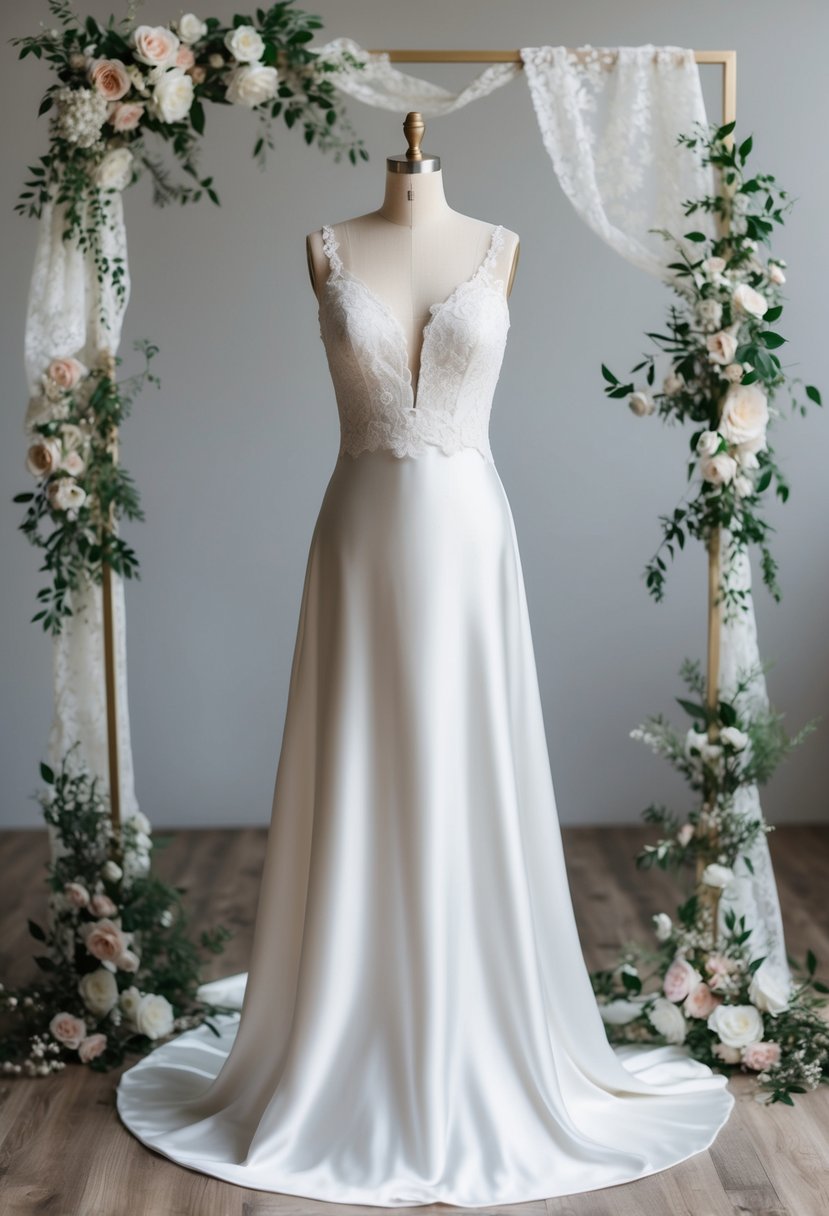 A flowing satin slip wedding dress on a mannequin, surrounded by delicate lace and floral accents