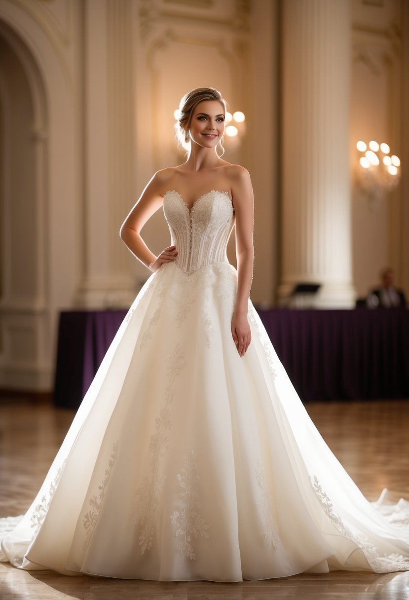 A bride stands in a grand ballroom, wearing a high-low corseted gown with intricate lace details and a flowing train. The soft lighting casts a romantic glow over the elegant dress