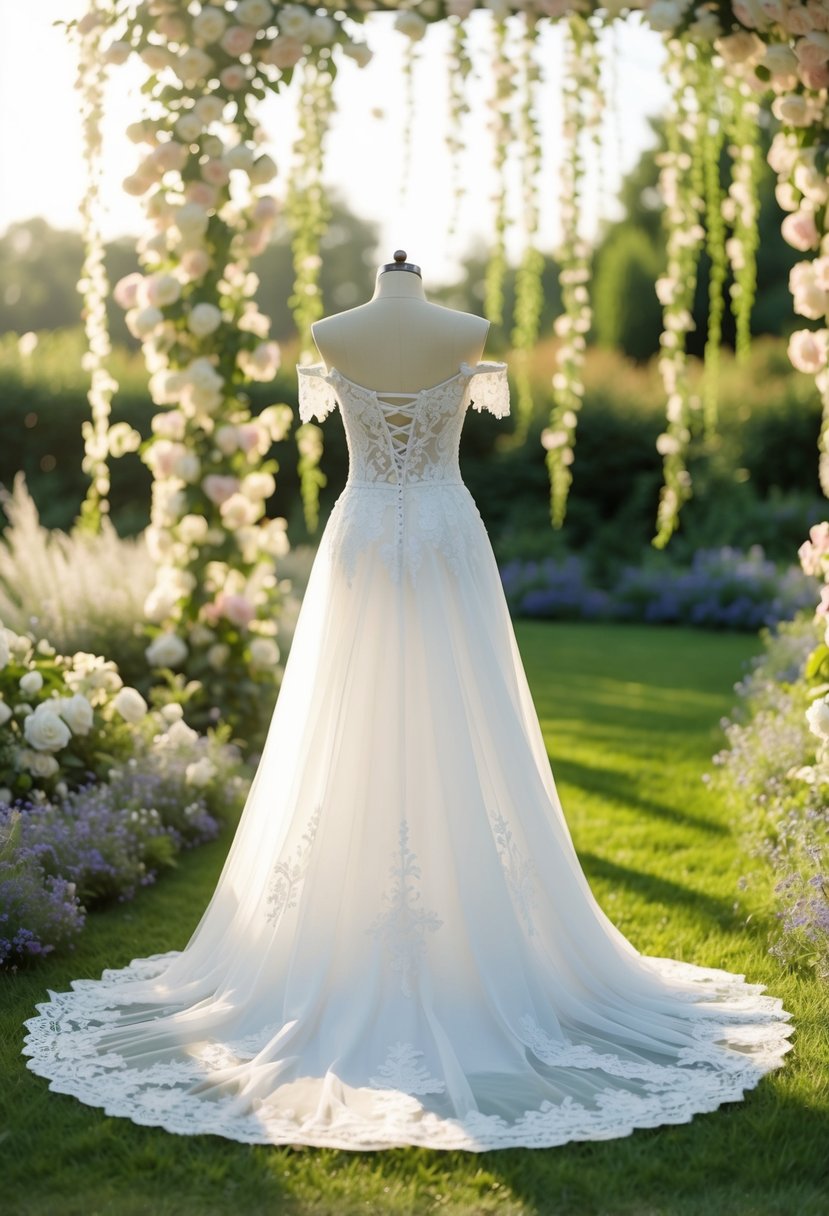 A flowing off-shoulder wedding dress with intricate lace details, set against a romantic garden backdrop with cascading flowers and soft sunlight