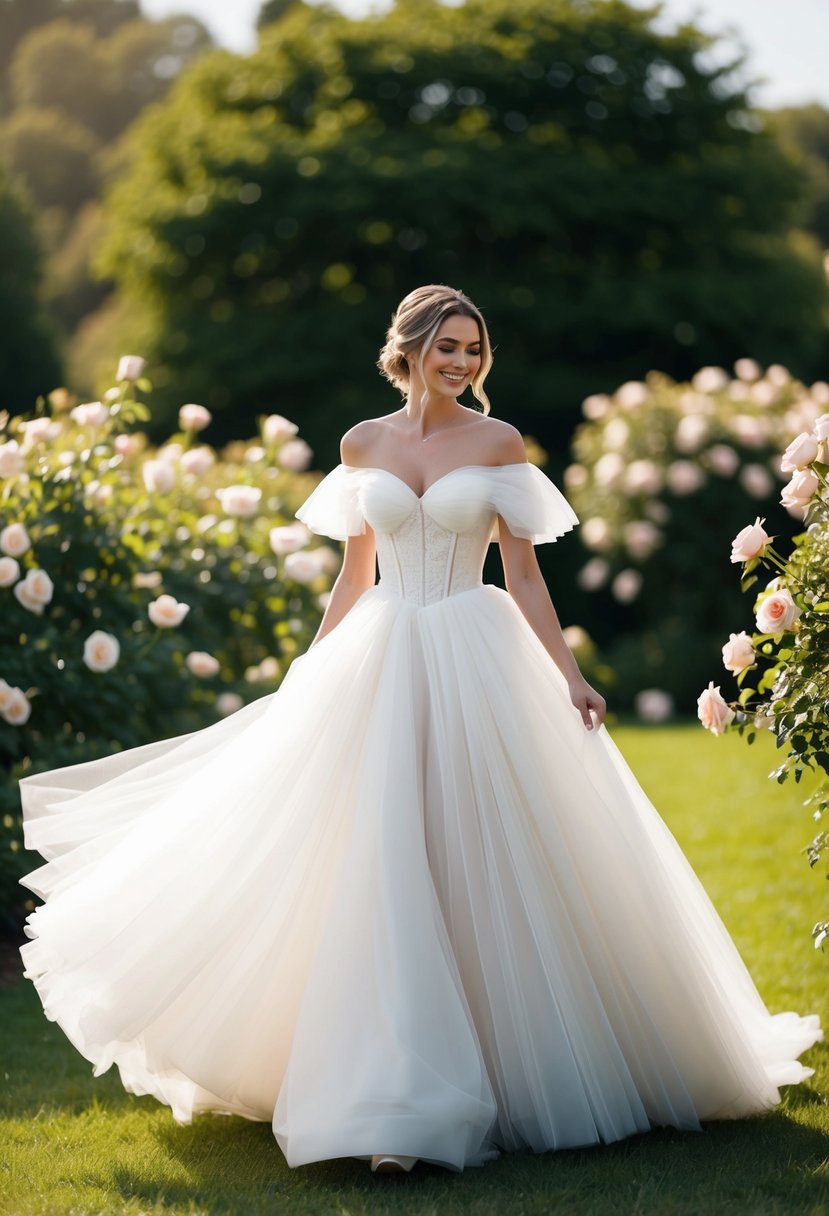 A bride twirls in a billowing off-the-shoulder tulle wedding dress with a corset bodice, surrounded by blooming roses