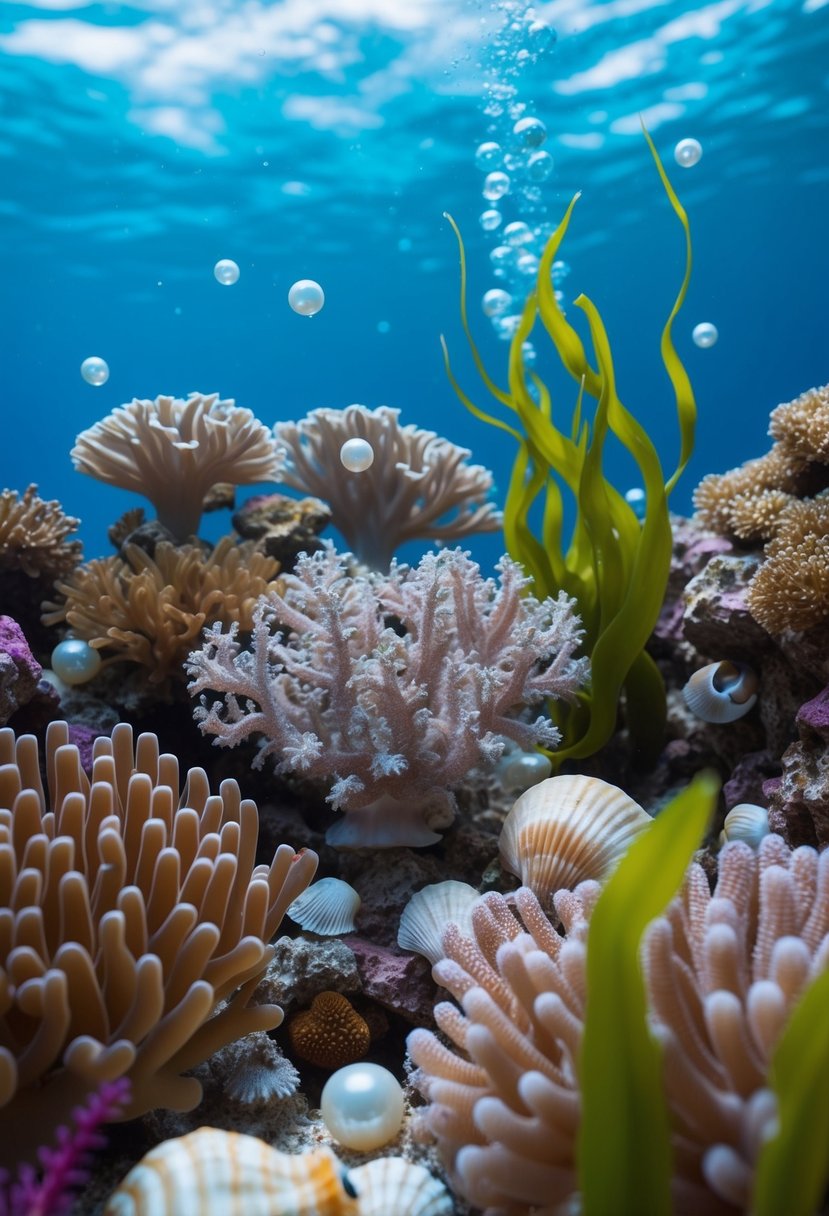 An underwater garden with vibrant coral and flowing seaweed, adorned with shimmering pearls and delicate seashells