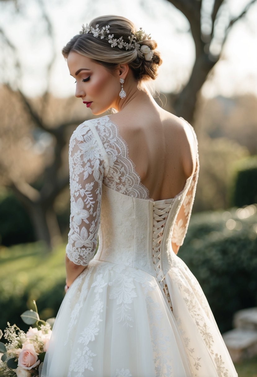 A lace corset wedding dress with a scoop back, adorned with delicate floral details and intricate lace patterns