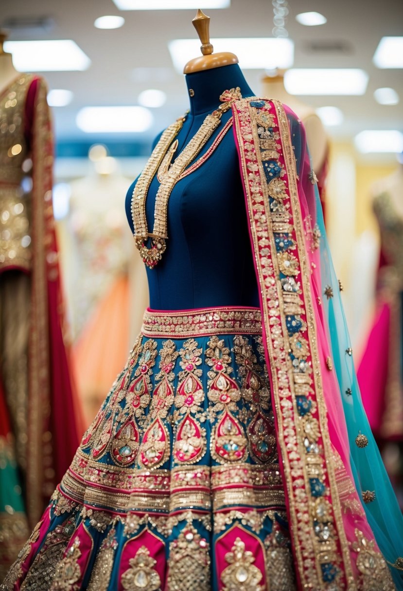 A vibrant and ornate Indian wedding dress displayed on a mannequin, adorned with intricate embroidery, shimmering beads, and rich colors