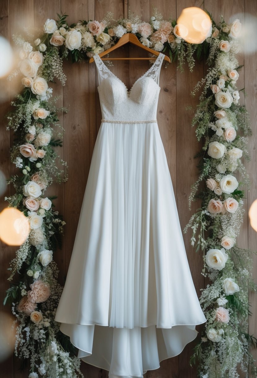 A flowing A-line wedding dress hangs on a vintage wooden hanger, surrounded by delicate lace and floral details