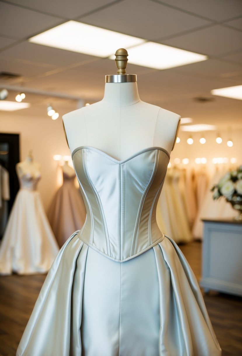 A silk strapless corset dress displayed on a mannequin in a softly lit bridal boutique