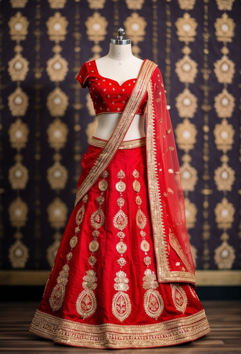 A red and gold lehenga adorned with intricate embroidery, draped elegantly over a mannequin, set against a backdrop of traditional Indian motifs