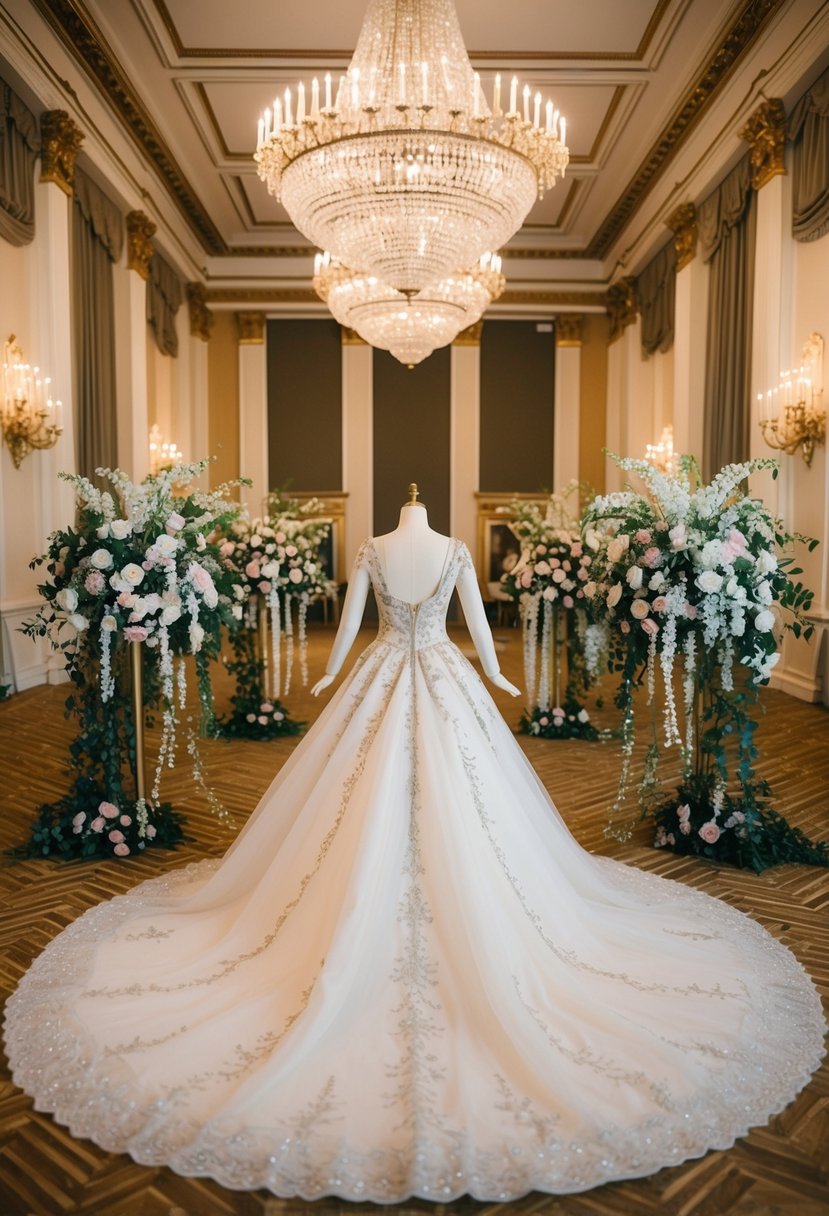 A grand ballroom with crystal chandeliers, ornate gold trim, and cascading floral arrangements. A vintage-inspired wedding gown with intricate lace, beading, and a flowing train is displayed on a mannequin