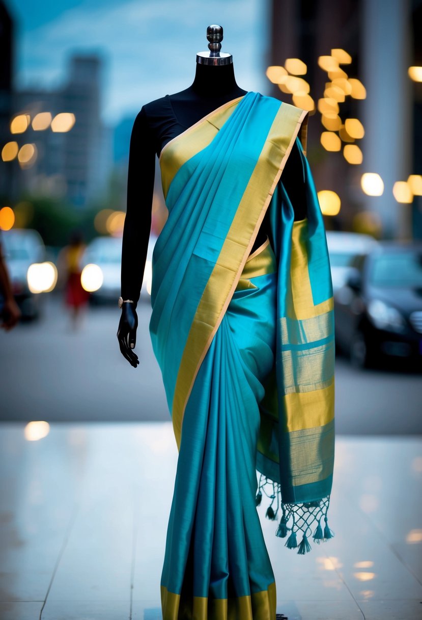 A modern silk saree with a stylish blouse draped on a mannequin