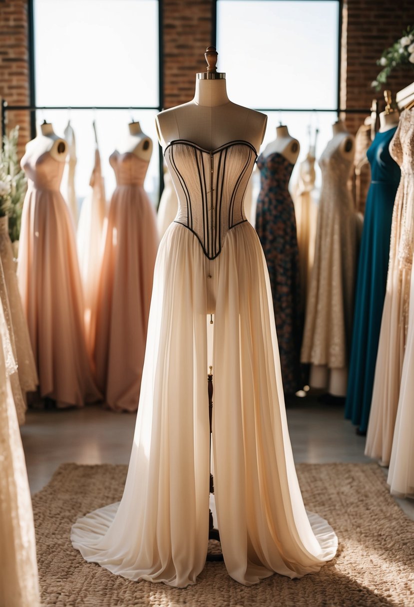 A flowing Bohemian Corset Maxi Dress displayed on a vintage mannequin in a sunlit, bohemian-inspired bridal boutique