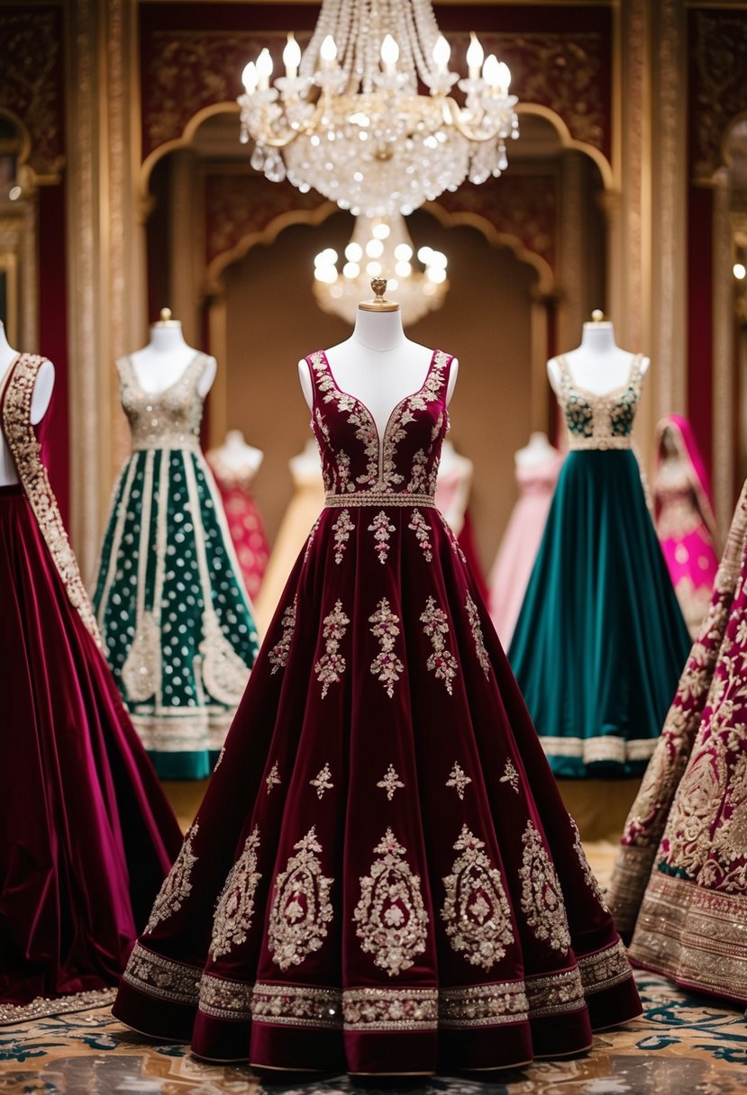 Opulent velvet gowns in rich jewel tones, adorned with intricate embroidery and shimmering embellishments, displayed in an ornate Indian wedding setting