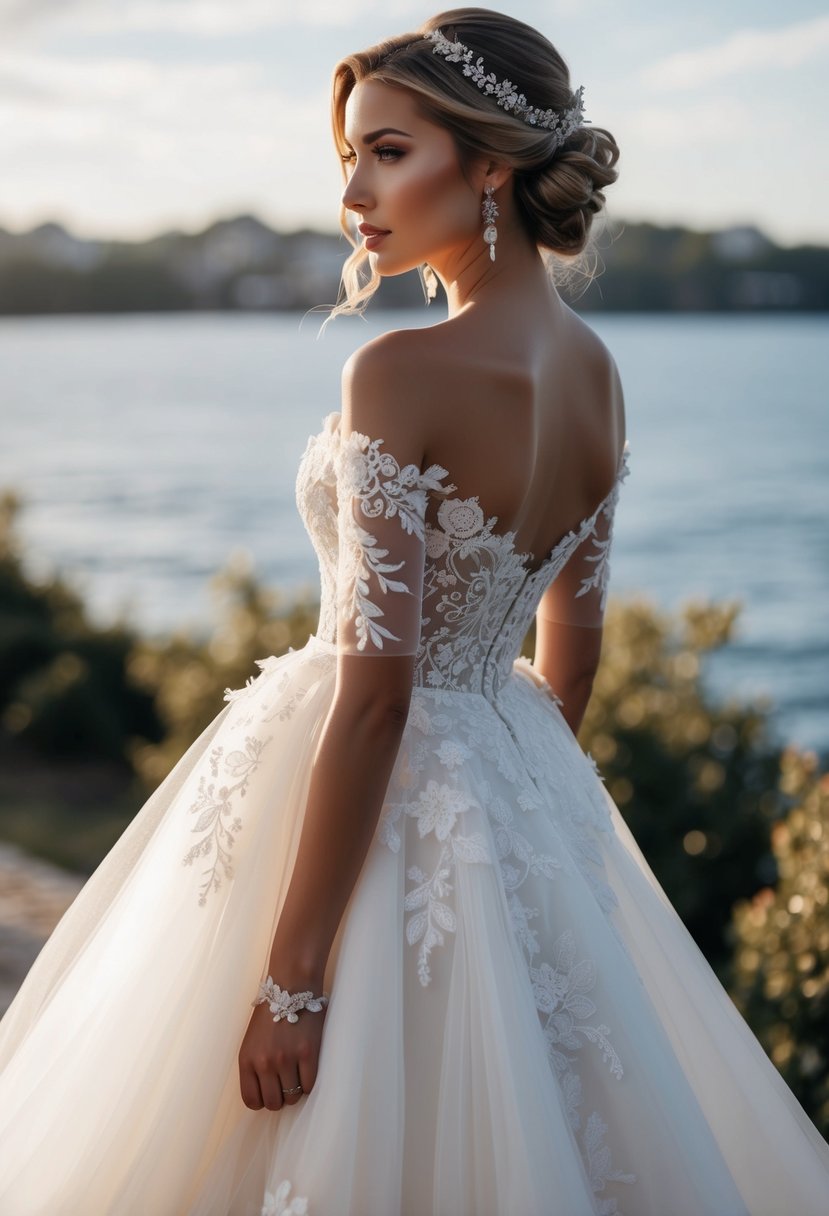 A flowing, off-the-shoulder wedding gown adorned with intricate floral lace and delicate charm details