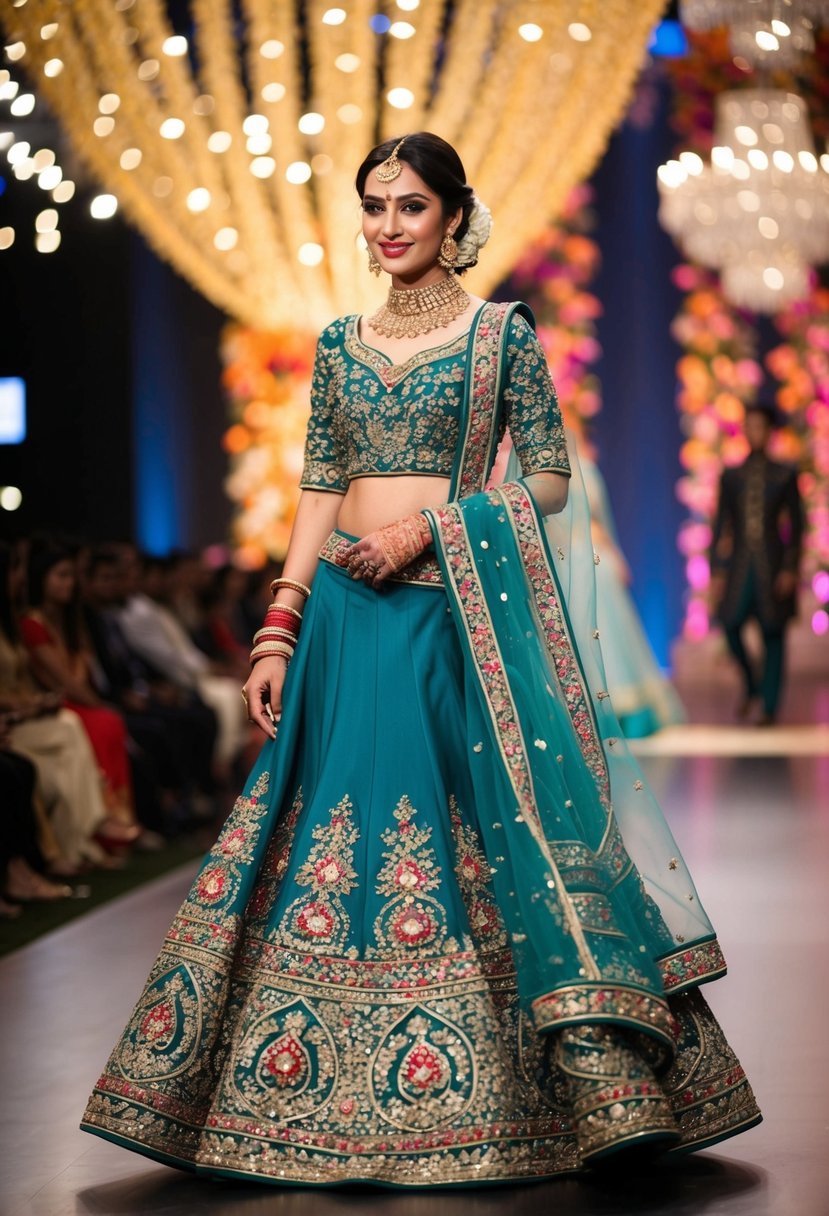 An ornate Indo-Western lehenga with flowing sharara pants, adorned with intricate embroidery and vibrant colors, perfect for a modern Indian wedding