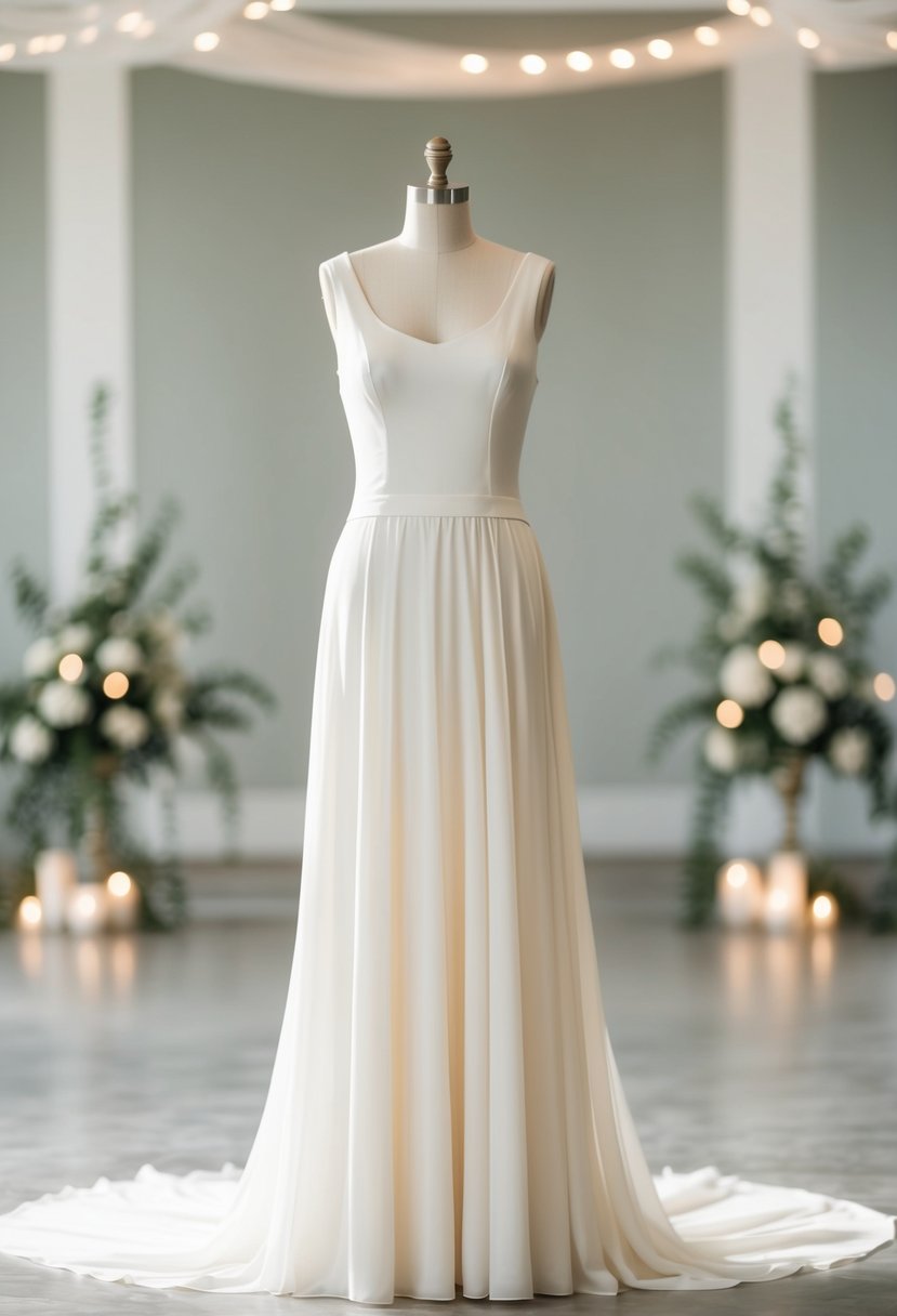 A flowing, floor-length gown with a fitted bodice and simple, clean lines, set against a backdrop of a softly lit, serene wedding venue