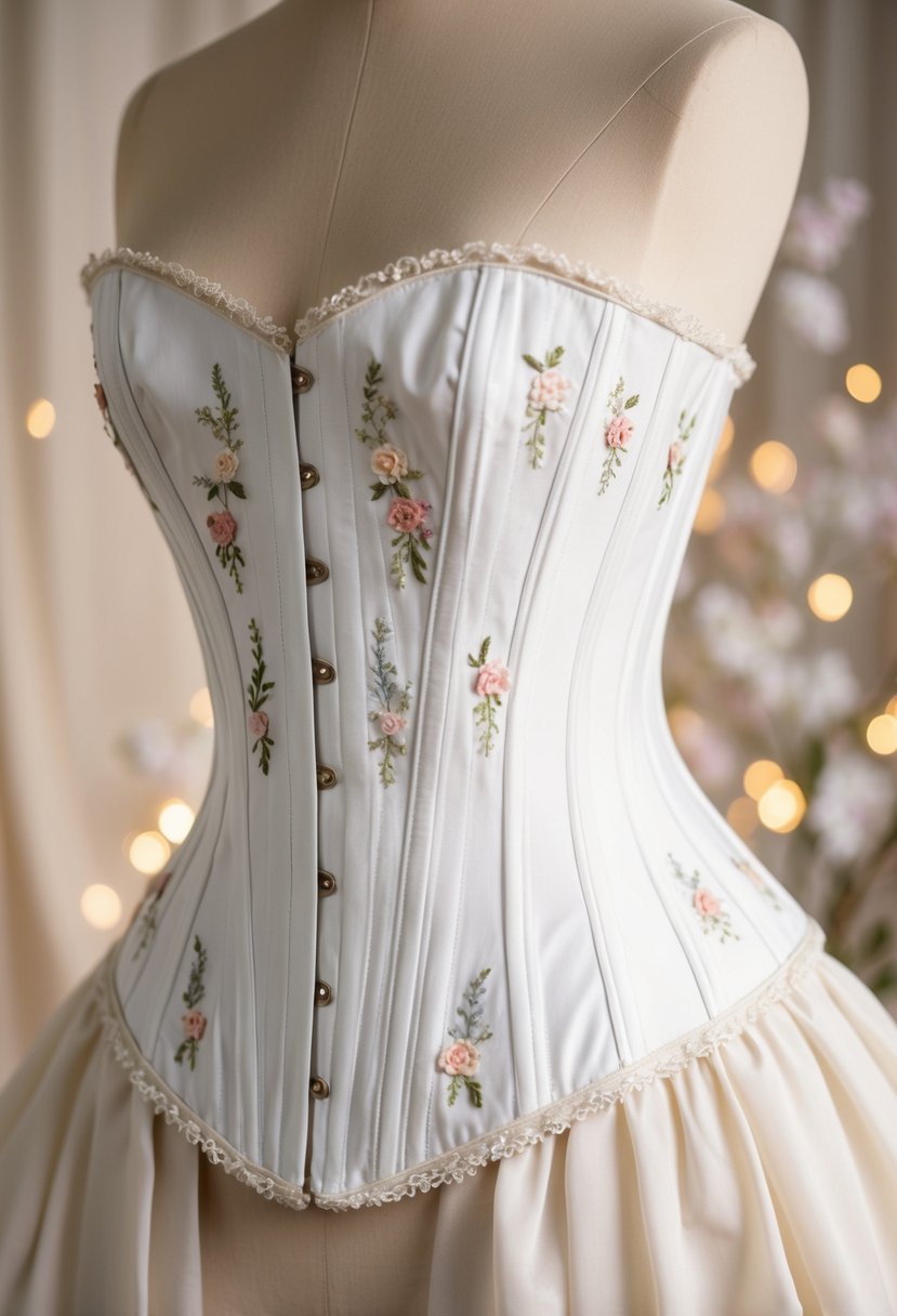 A white corset adorned with delicate floral appliqué, set against a soft, romantic background