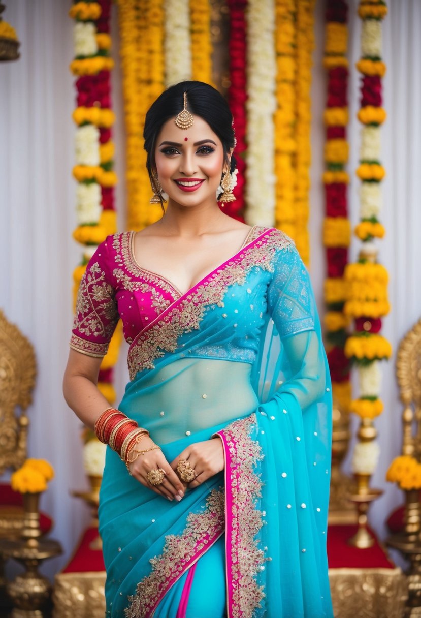 A woman in a vibrant saree with a high slit, adorned with intricate embroidery and shimmering details, standing against a backdrop of traditional Indian wedding decor