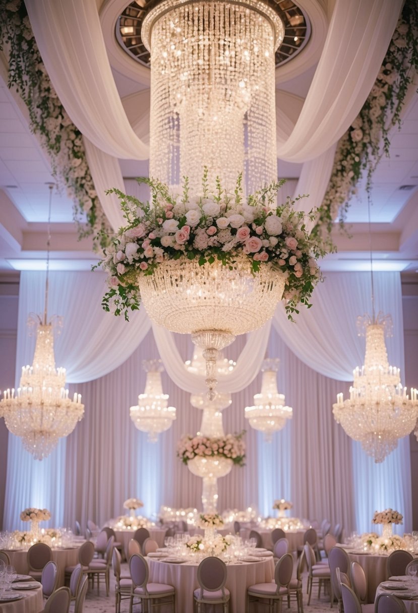 An opulent ballroom with cascading crystal chandeliers, draped in soft, ethereal fabrics and delicate floral arrangements