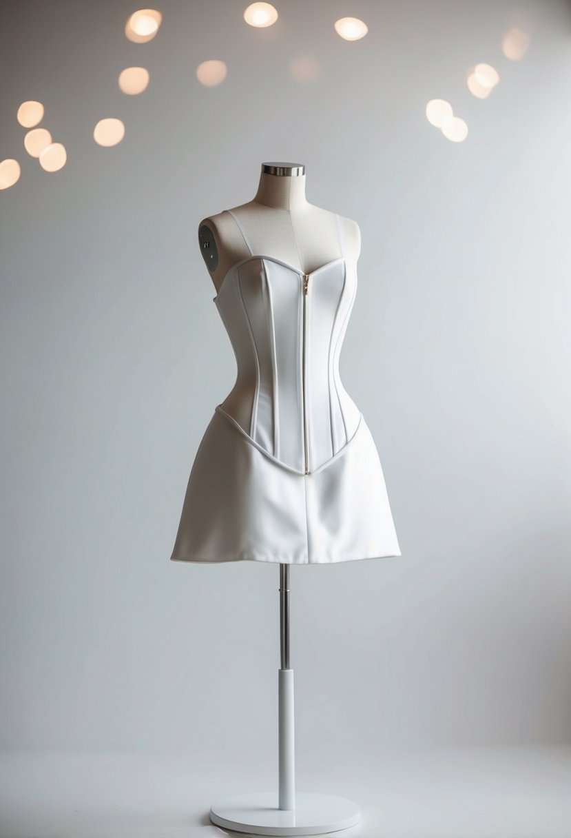 A sleek, modern corset-style wedding dress displayed on a minimalist white mannequin