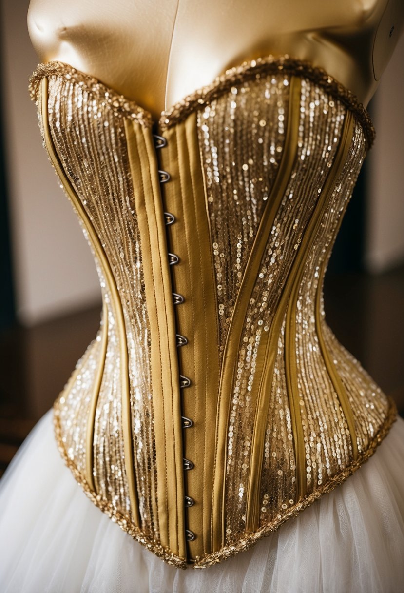 A golden corset adorned with shimmering sequins, accentuating the intricate details of a wedding dress