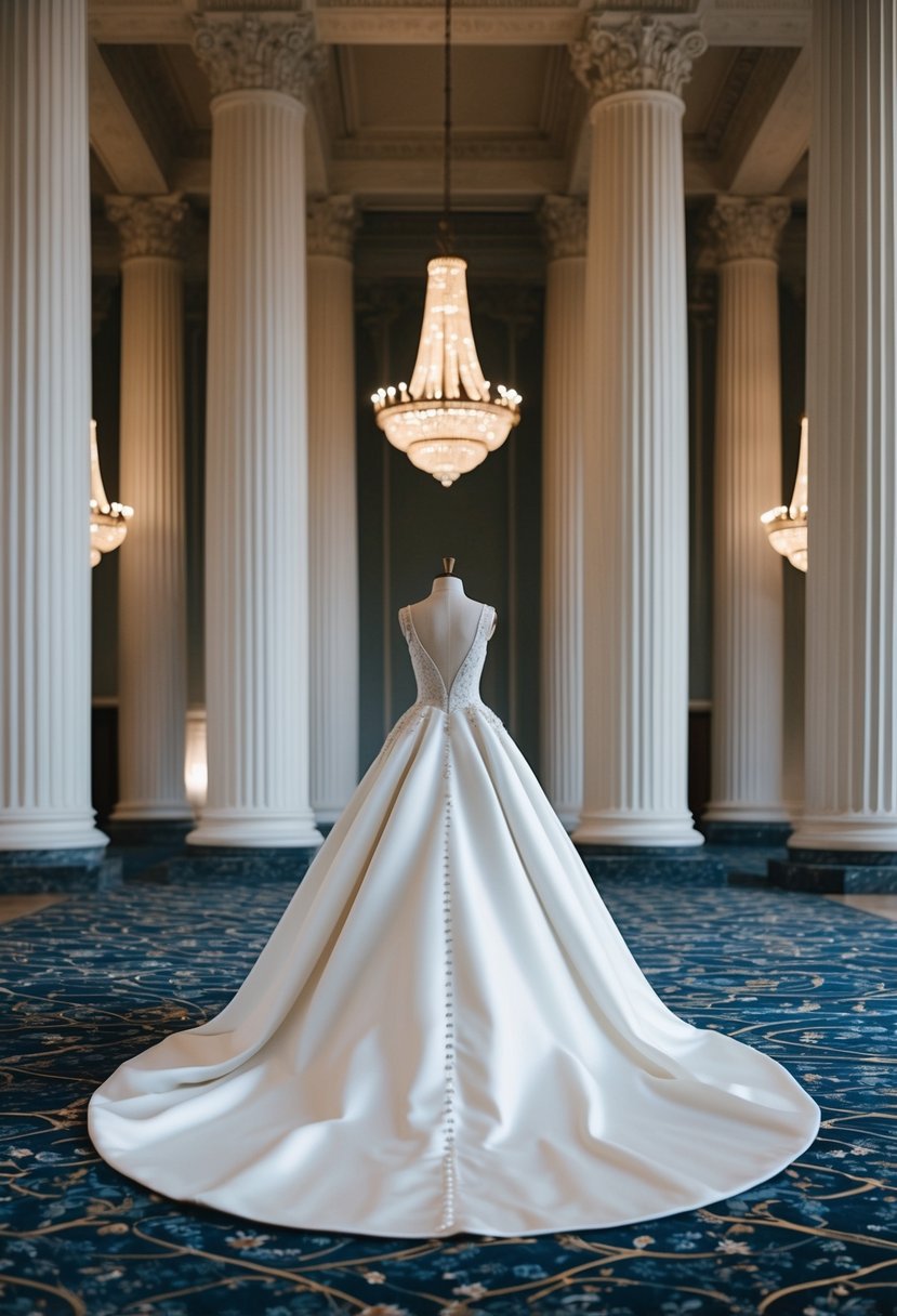 A grand ballroom with towering columns and soft lighting, showcasing a stunning, sophisticated wedding dress design