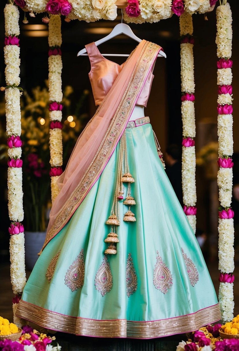 A pastel-colored lehenga displayed on a hanger, surrounded by floral arrangements and traditional Indian decor