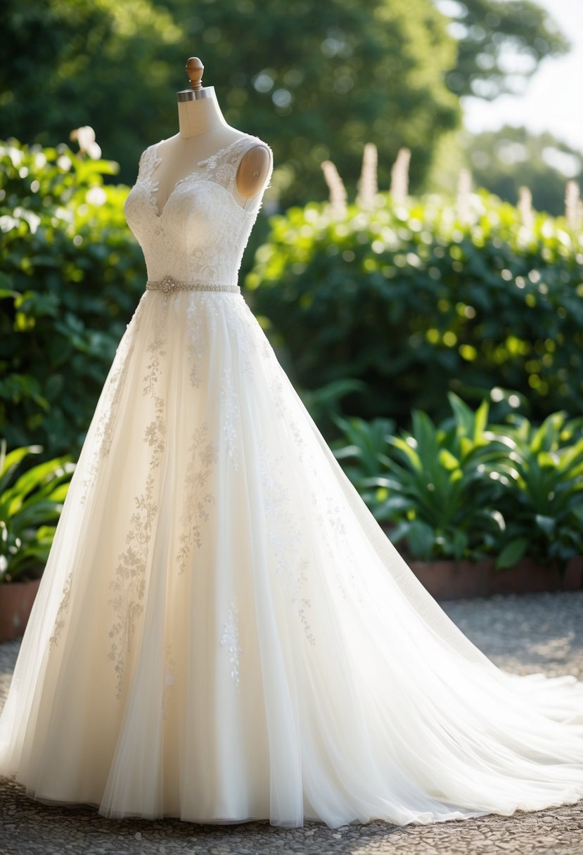 A tea-length wedding dress adorned with delicate lace, flowing tulle, and subtle shimmer, set against a backdrop of lush garden greenery and soft sunlight