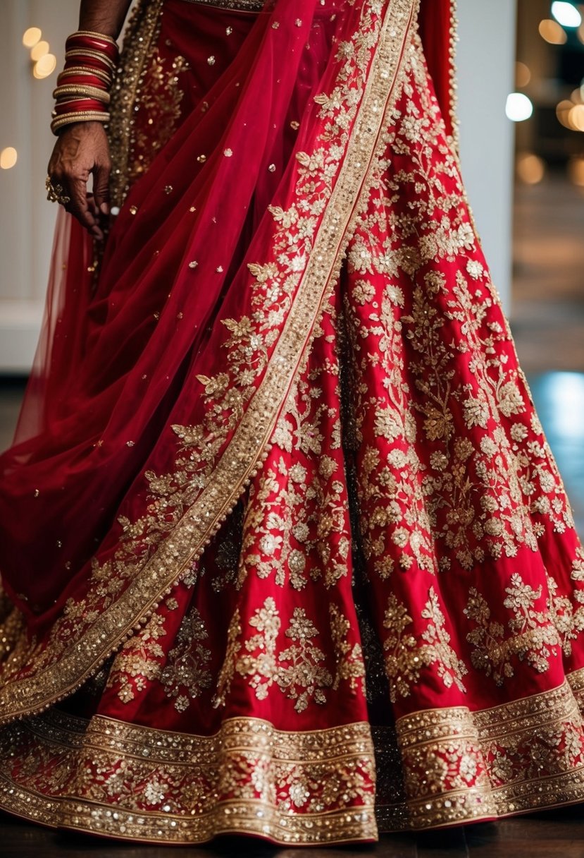 Golden zari embroidery cascades down the rich red fabric of the bridal attire, intricate floral patterns shimmering in the light