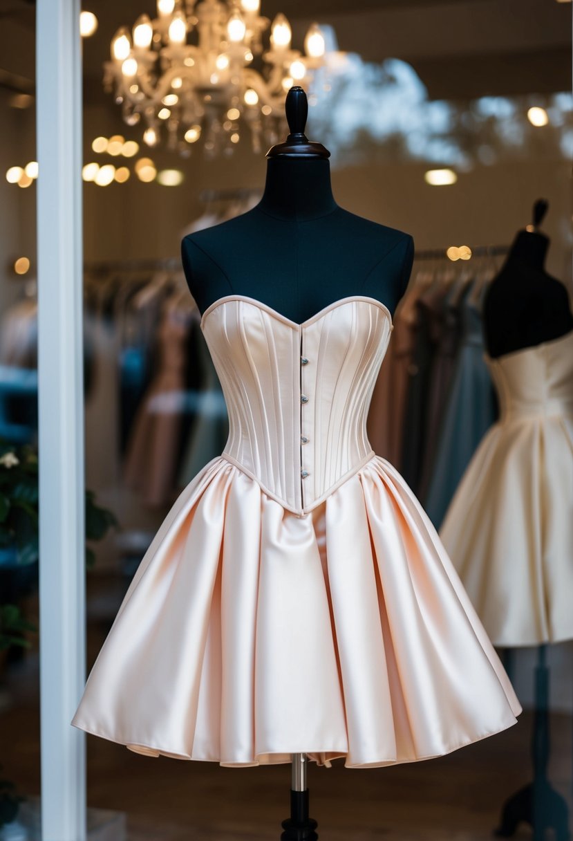 A short corset party dress displayed on a mannequin in a bridal boutique window