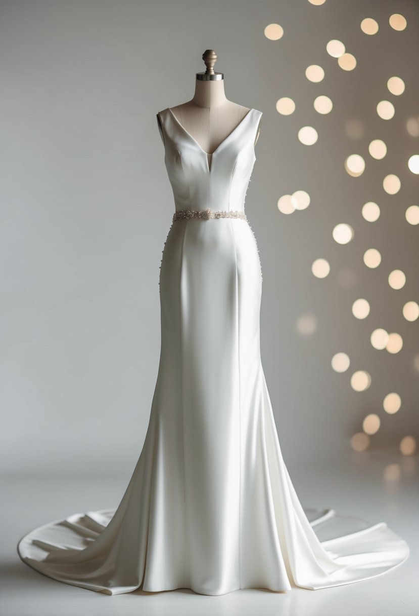 A sleek, minimalist wedding dress with clean lines and a modern silhouette, accented with subtle embellishments and a flowing train